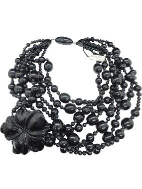 Angela Caputi Haute Couture Multi Strand Black Resin Bead & Flower Necklace